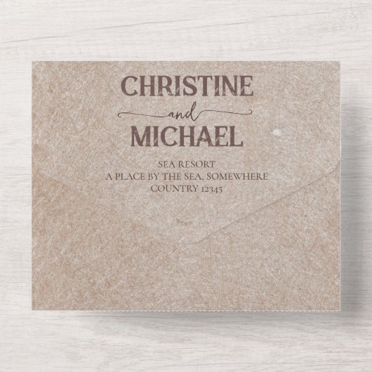 rustiek papier bruin bergen bruiloft all in one uitnodiging (Achterkant)