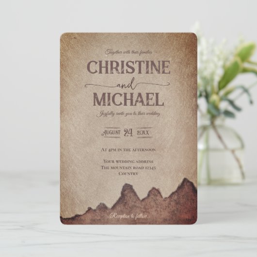  rustiek papier bruin bergen bruiloft kaart (Staand voorkant)
