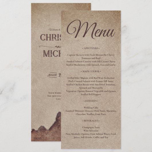  rustiek papier bruin bergen bruiloft menu (Voorkant / Achterkant)