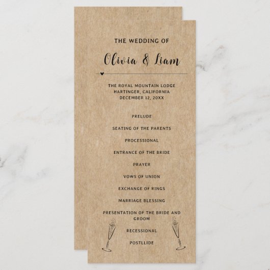 Rustiek papier huwelijksceremonie programma (Voorkant / Achterkant)