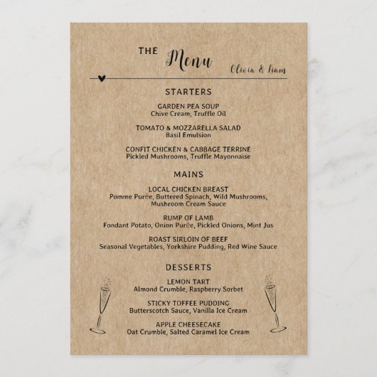 Rustiek Papier Trouwtafel Flat Menu Kaart (Voorkant)