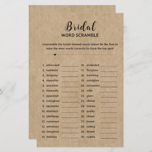 Rustiek Papier Vrijgezellenfeest Word Scramble Gam (Voorkant / Achterkant)