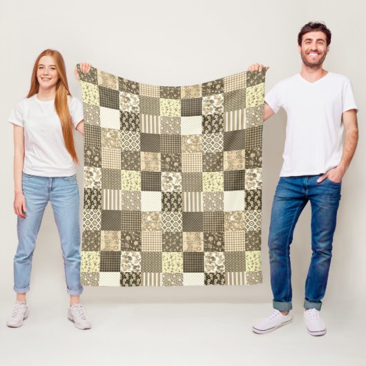 Rustiek  Patchwork Beige Bruin Quiltpatroon Fleece Deken (In situ)