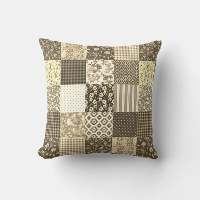 Rustiek  Patchwork Beige Bruin Quiltpatroon Kussen (Voorkant)