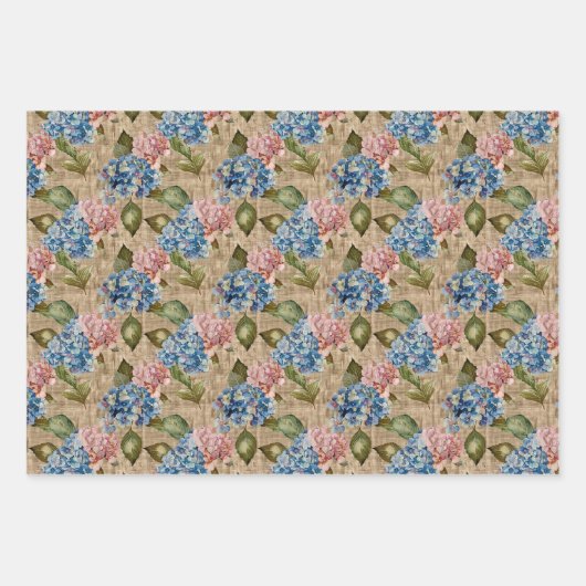 Rustiek Patroon Blauwe Hortensia's en Roze Bloemen Inpakpapier Vel (Voorkant 3)