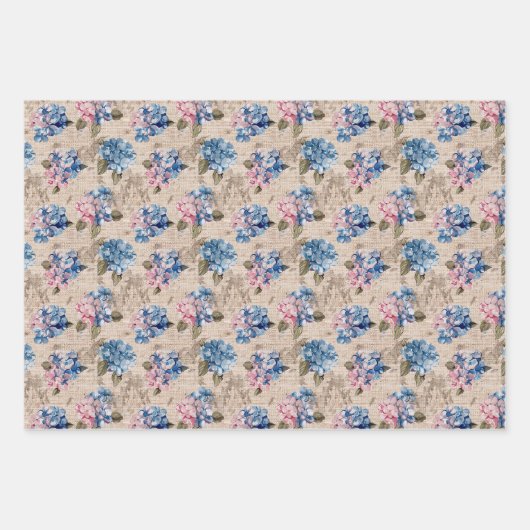 Rustiek Patroon Blauwe Hortensia's en Roze Bloemen Inpakpapier Vel (Voorkant 2)