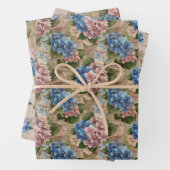 Rustiek Patroon Blauwe Hortensia's en Roze Bloemen Inpakpapier Vel (In situ)