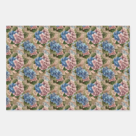 Rustiek Patroon Blauwe Hortensia's en Roze Bloemen Inpakpapier Vel (Voorkant)