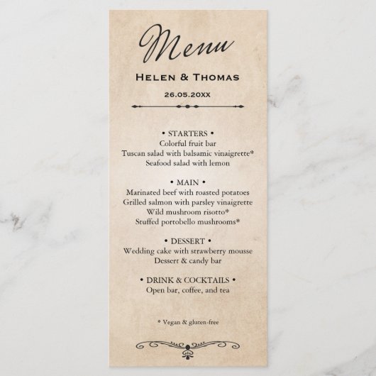  rustiek perkament bruiloft menu (Voorkant)