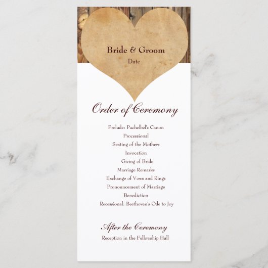 Rustiek perkament hart hout bruiloft programma programmakaart (Achterkant)