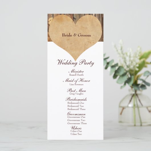 Rustiek perkament hart hout bruiloft programma programmakaart (Staand voorkant)