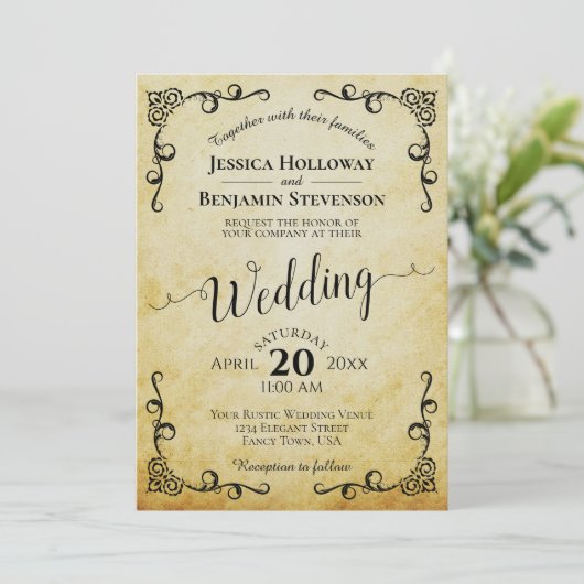 Rustiek perkament  kalligrafie bruiloft kaart (Staand voorkant)