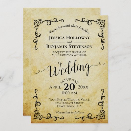 Rustiek perkament kalligrafie bruiloft kaart (Voorkant / Achterkant)