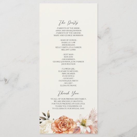 Rustiek Perzik Boho Bloemen Huwelijksprogramma Programmakaart (Achterkant)