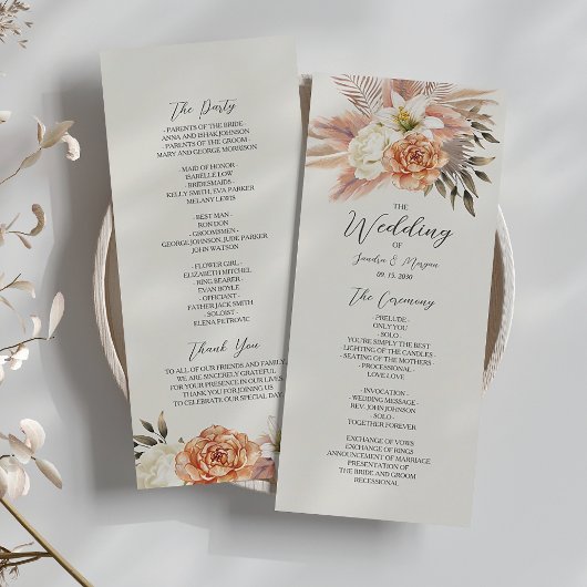 Rustiek Perzik Boho Bloemen Huwelijksprogramma Programmakaart