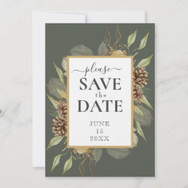 Rustiek Pinecone Lijst op Moss Green SAVE DE DATUM Kaart