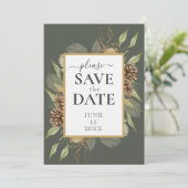 Rustiek Pinecone Lijst op Moss Green SAVE DE DATUM Kaart (Staand voorkant)