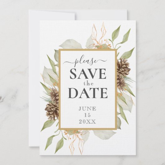Rustiek Pinecone Lijst op wit SAVE THE DATE Kaart (Voorkant)