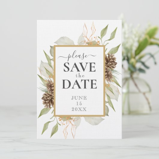 Rustiek Pinecone Lijst op wit SAVE THE DATE Kaart (Staand voorkant)