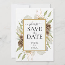 Rustiek Pinecone Lijst op wit SAVE THE DATE