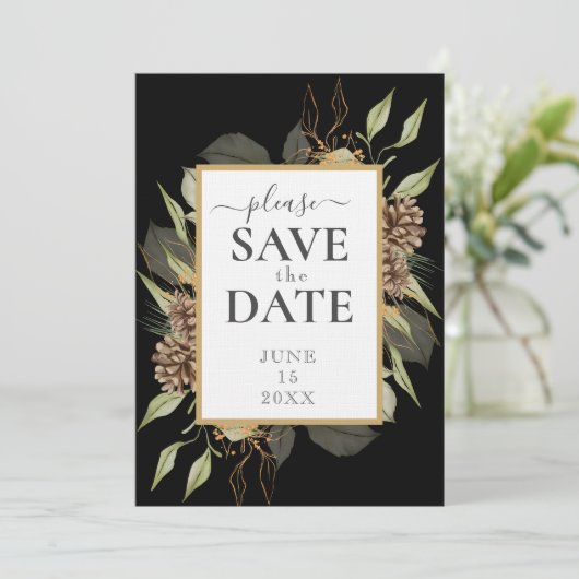 Rustiek Pinecone Lijst op Zwart SAVE THE DATE Kaart (Staand voorkant)