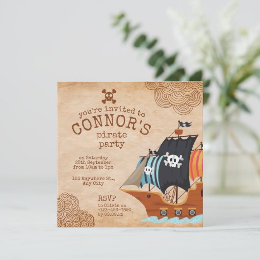 Rustiek Pirate Verjaardagsfeestje met  Ship Kaart (Staand voorkant)