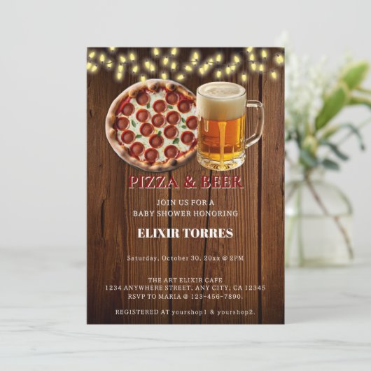 Rustiek Pizza & Bier Baby shower Kaart (Staand voorkant)