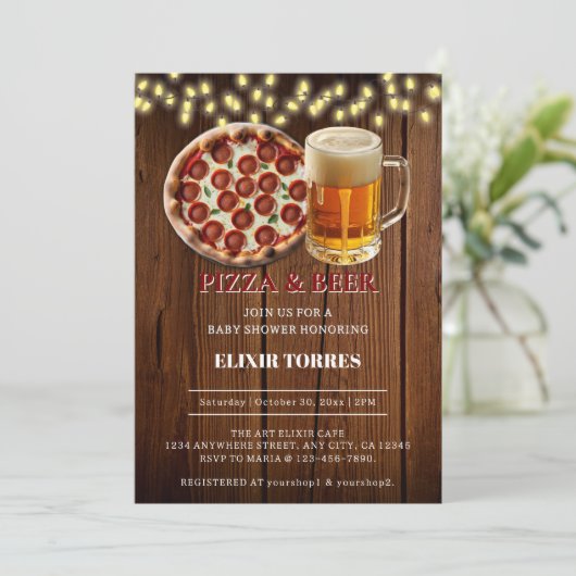 Rustiek Pizza & Bier Baby shower Kaart (Staand voorkant)