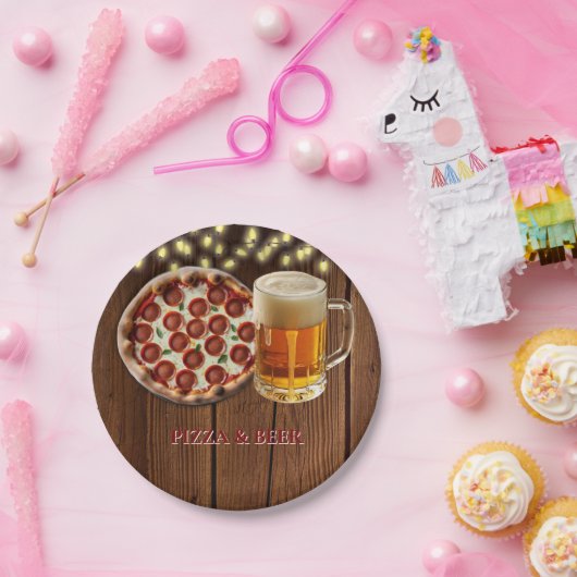 Rustiek Pizza & Bier Baby shower Papieren Bordje (Feest)