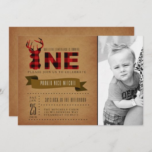 Rustiek Plaid Eerste Verjaardagsfeest Uitnodigen F Kaart (Voorkant / Achterkant)