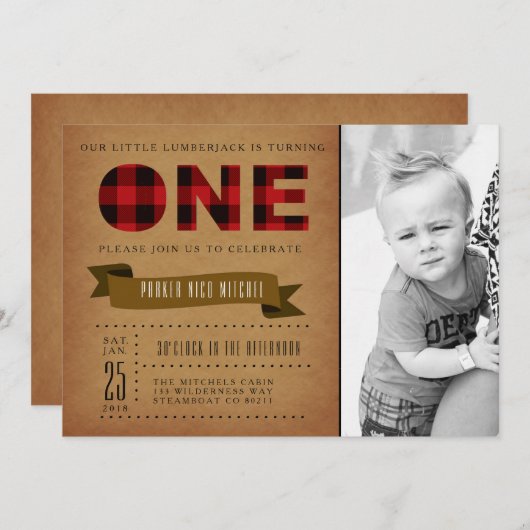 Rustiek Plaid Eerste Verjaardagsfeest Uitnodigen F Kaart (Voorkant / Achterkant)