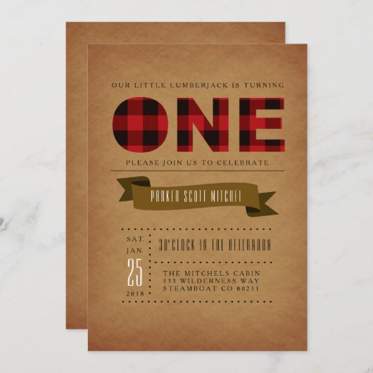 Rustiek Plaid Eerste Verjaardagsfeest Uitnodigen Kaart (Voorkant / Achterkant)