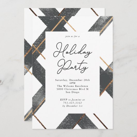 Rustiek Plaid Grijs en Goud Vakantie Party Kaart (Voorkant / Achterkant)