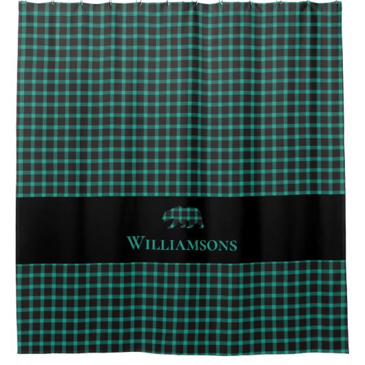 Rustiek Plaid Monogram Beer | Blauwgroen Groen Zwa Douchegordijn (Voorkant)