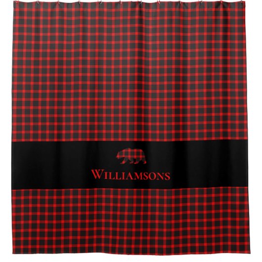Rustiek Plaid Monogram Beer | Lumberjack Rood Zwar Douchegordijn (Voorkant)