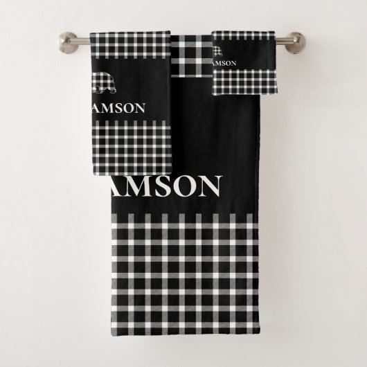Rustiek Plaid Monogram Beer | Zwart Wit Bad Handdoek (Insitu)