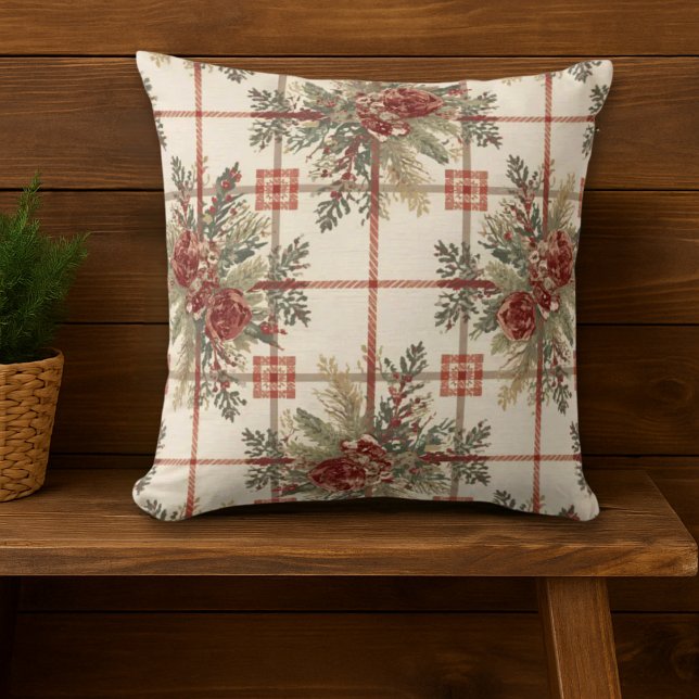 Rustiek Plaid Pinecone patroon Kussen (vintage rustic holiday throw pillow)