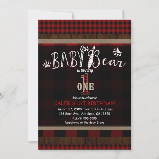 Rustiek Plaid Rode Baby Beer Een 1e verjaardagsfee Kaart (Voorkant)