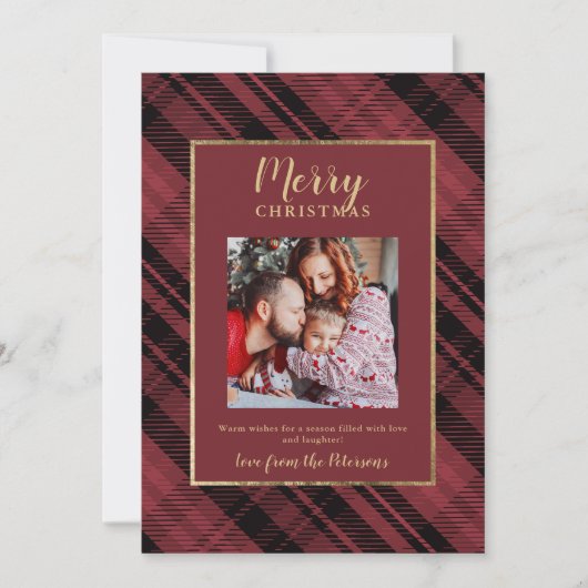 Rustiek Plaid Rood Goud Vrolijk Kerstmis 2 Foto's Feestdagenkaart (Voorkant)