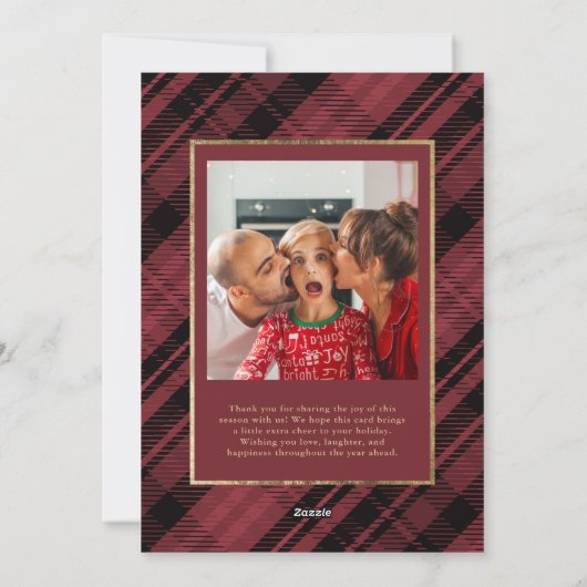 Rustiek Plaid Rood Goud Vrolijk Kerstmis 2 Foto's Feestdagenkaart (Achterkant)