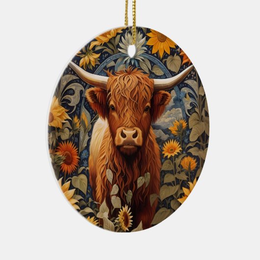 Rustiek platteland Hoogland Koe Zonnebloemen Keramisch Ornament (Rechts)