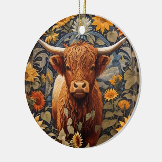 Rustiek platteland Hoogland Koe Zonnebloemen Keramisch Ornament (Links)