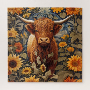 Rustiek platteland Hoogland Koe Zonnebloemen Legpuzzel