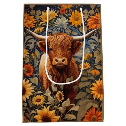 Rustiek platteland Hoogland Koe Zonnebloemen Medium Cadeauzakje (Achterkant)