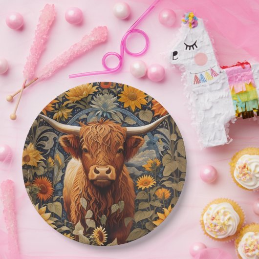 Rustiek platteland Hoogland Koe Zonnebloemen Papieren Bordje (Feest)