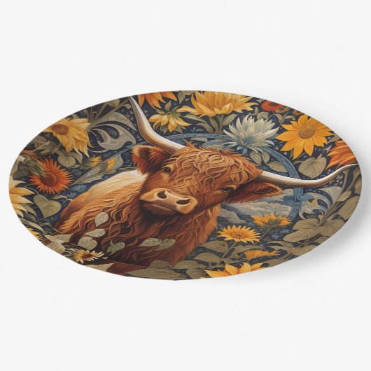 Rustiek platteland Hoogland Koe Zonnebloemen Papieren Bordje (Gekanteld)