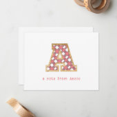 Rustiek & Preppy "A" Pink Gingham op Wood Girly Notitiekaartje (Voorkant / Achterkant in situ)
