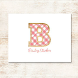 Rustiek & Preppy "B" Roze Gingham op Hout Girly Notitiekaartje