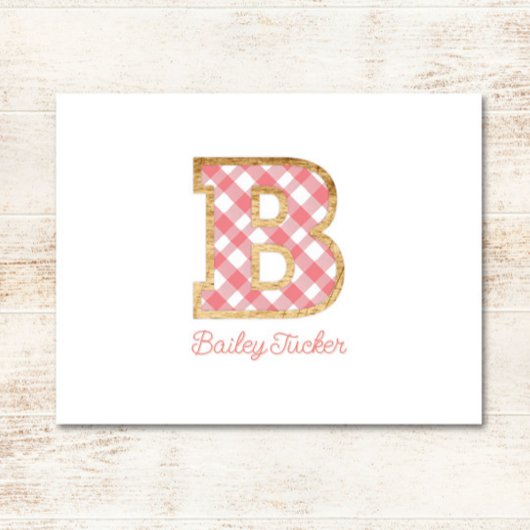 Rustiek & Preppy "B" Roze Gingham op Hout Girly Notitiekaartje