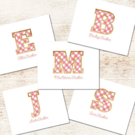 Rustiek & Preppy "B" Roze Gingham op Hout Girly Notitiekaartje